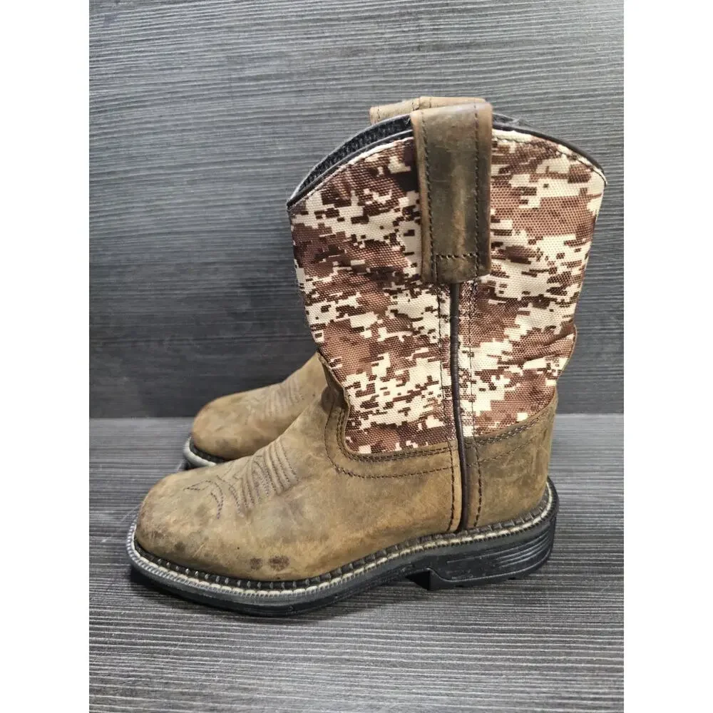 Old West Kids Cowboy Boots Brown Camo Leather Square Toe Size 11 D